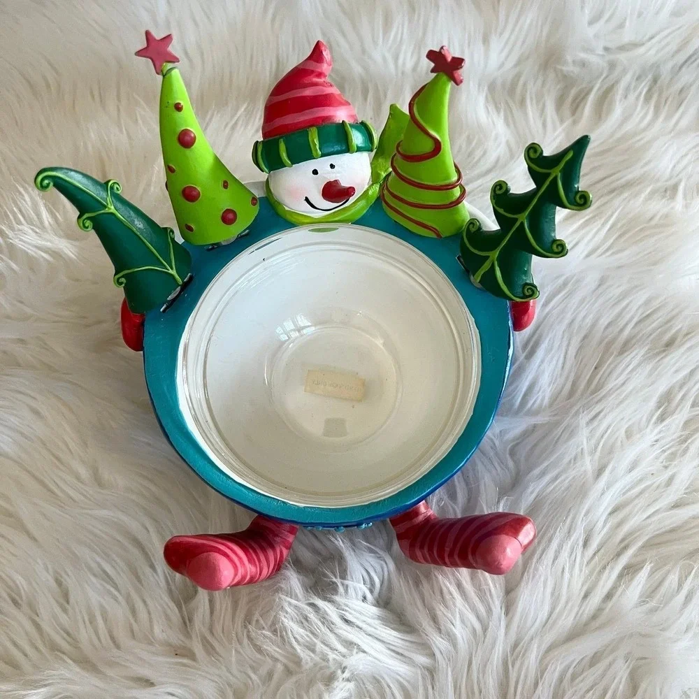 Snowman Christmas Dip Bowl Set with 4 Tree Handle Stainless Steel Spreaders